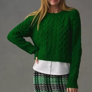 Anthropologie Maeve Emerald Cable Knit Sweater with attached shirt. Lush green.